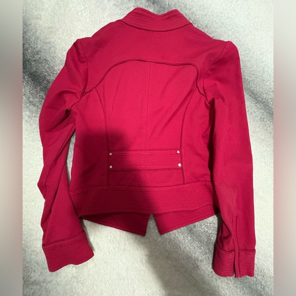 (B1) WHBM Red Pink Ruffle Cardinal Ponte Office Day Lifestyle Moto Jacket 6 - Picture 9 of 9